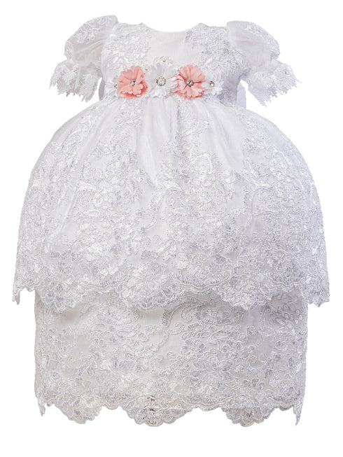 Rain Kids Baby Girls White Puff Sleeve Bonnet 3 Pc Baptism Gown Set 6-12M - SophiasStyle.com
